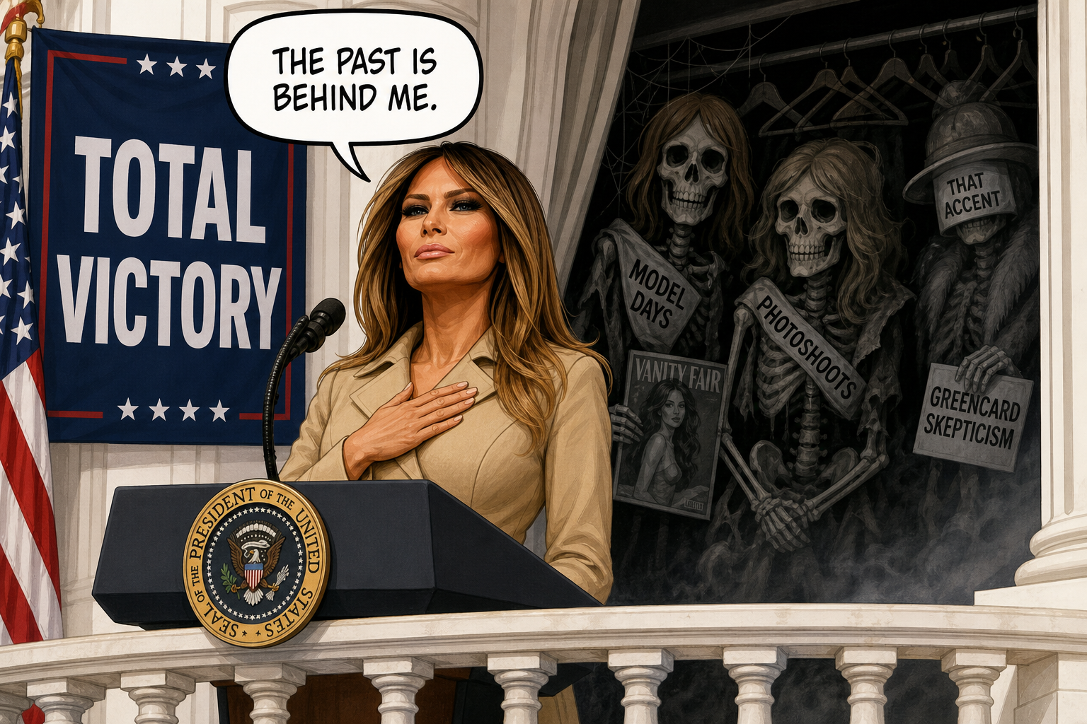 Satirical cartoon for Melania Trump Declares Total Victory As Dark Past Surfaces