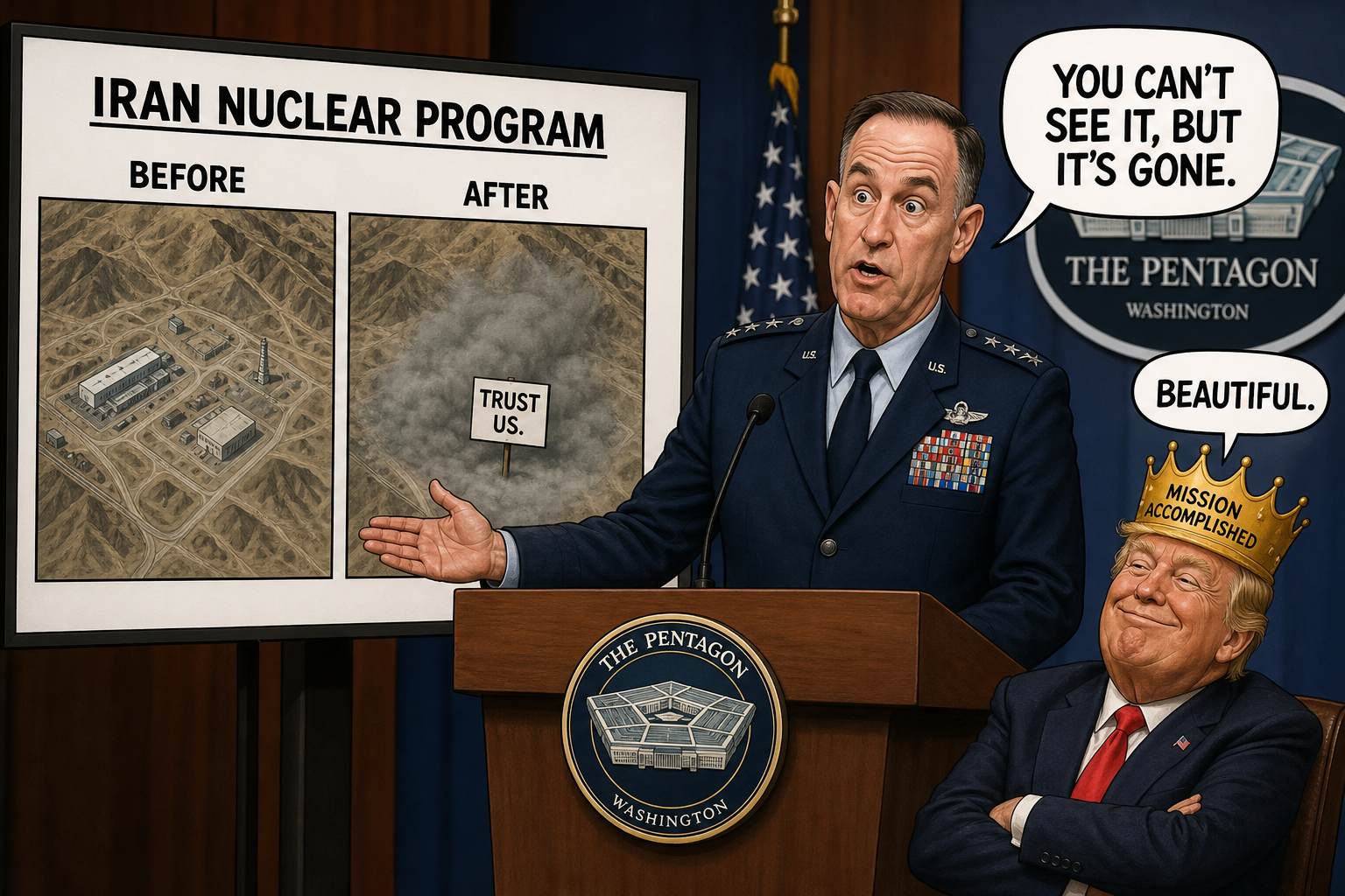 Satirical cartoon for Pentagon Calls Trump's Iran War A Stunning Unseen Success