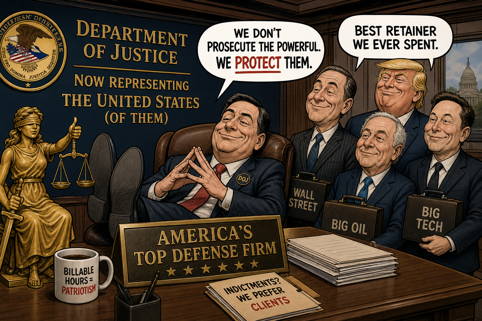 Satirical cartoon for Justice Department Accidentally Becomes Nation's Best Defense Firm