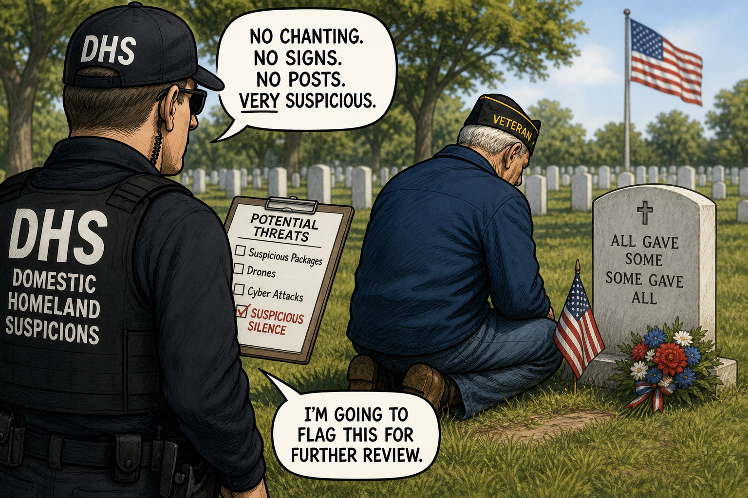 Satirical cartoon for DHS Classifies Veterans' Memorial Day Silence as Potential Threat