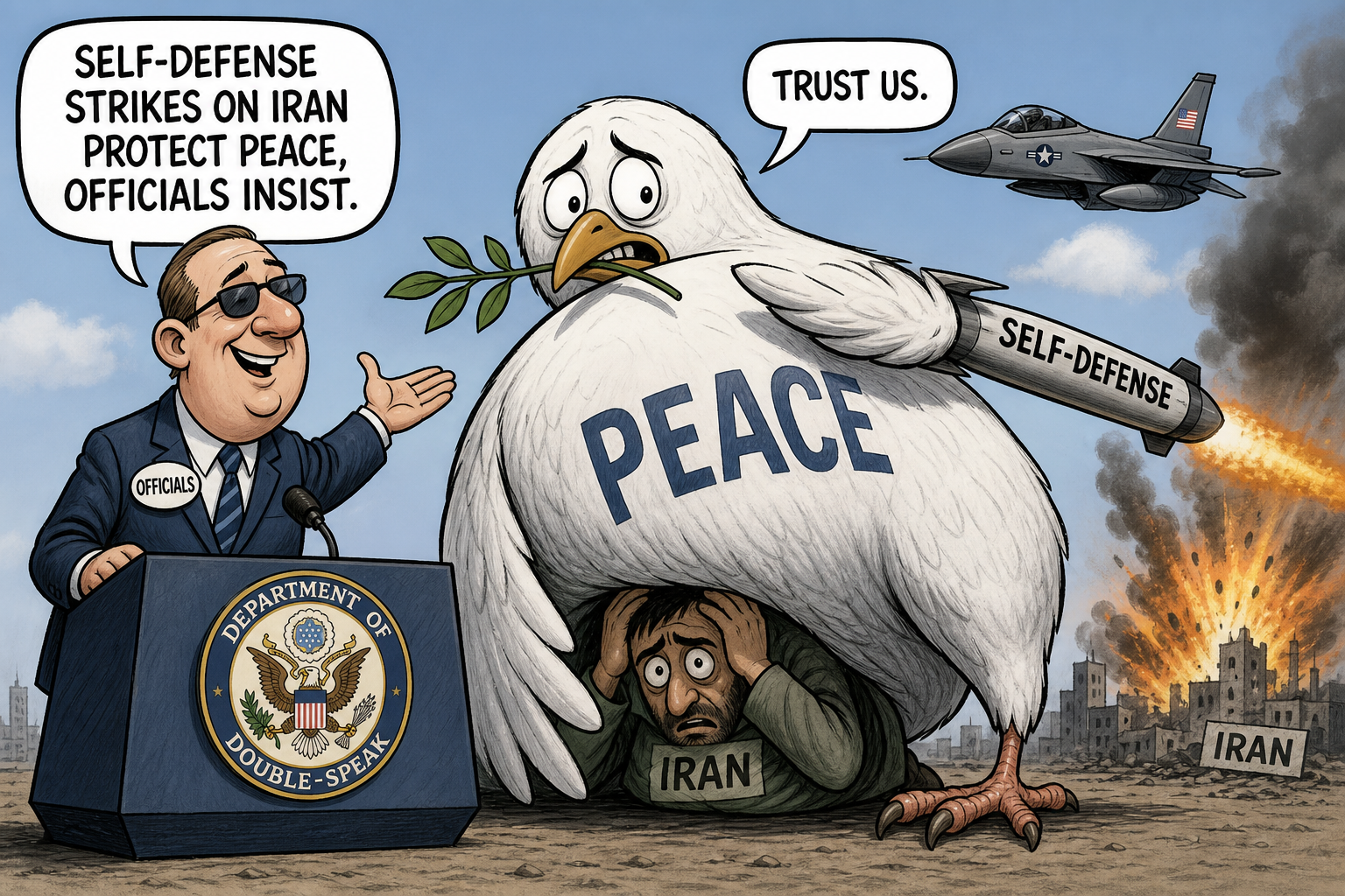 Satirical cartoon for Self-Defense Strikes on Iran Protect Peace, Officials Insist