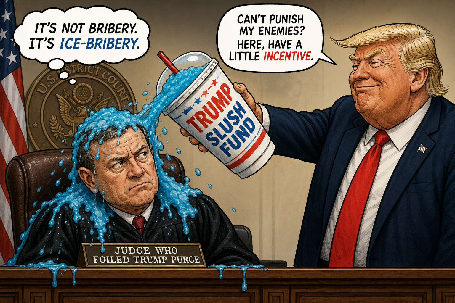 Satirical cartoon for Judge Who Foiled Trump Purge Gets Slush Fund Suit