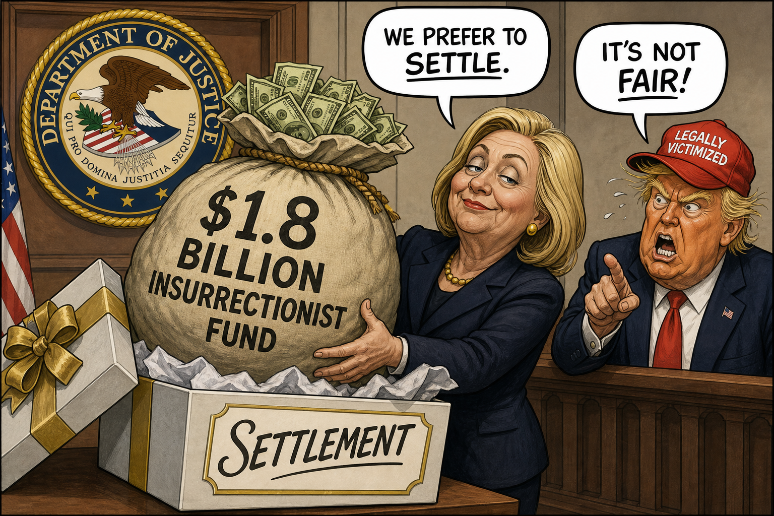 Satirical cartoon for DOJ Classifies $1.8 Billion Insurrectionist Fund as 'Settlement'