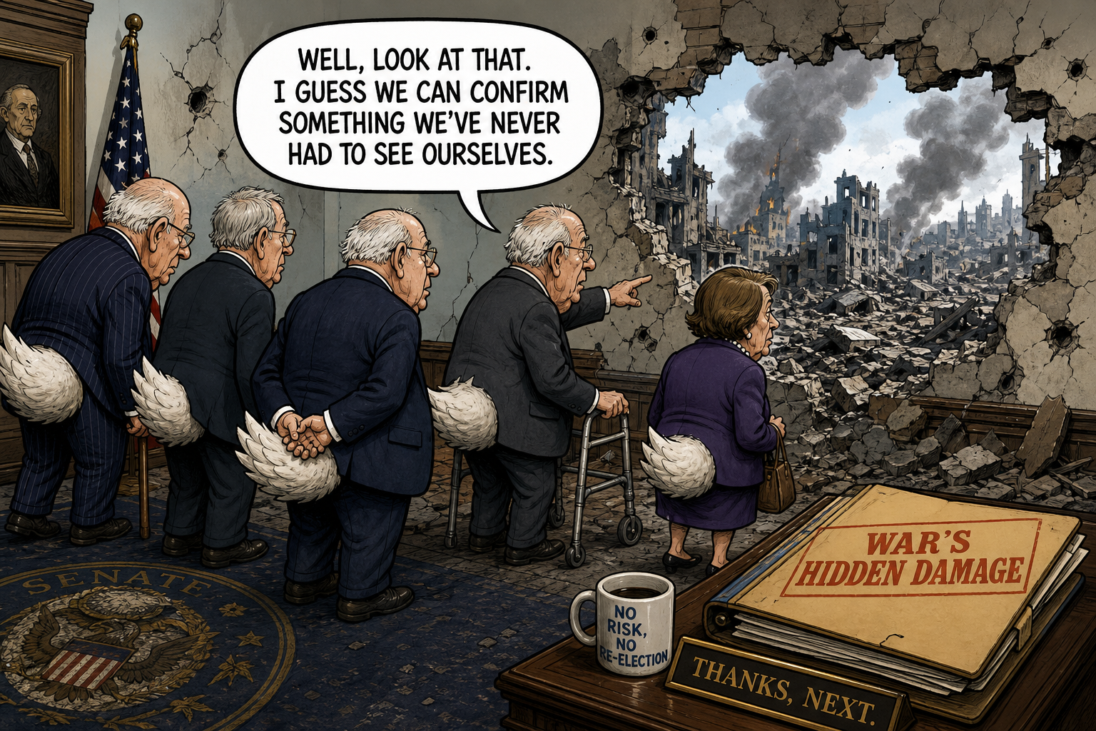 Satirical cartoon for Lame-Duck Senators Confirm War's Hidden Damage Exists