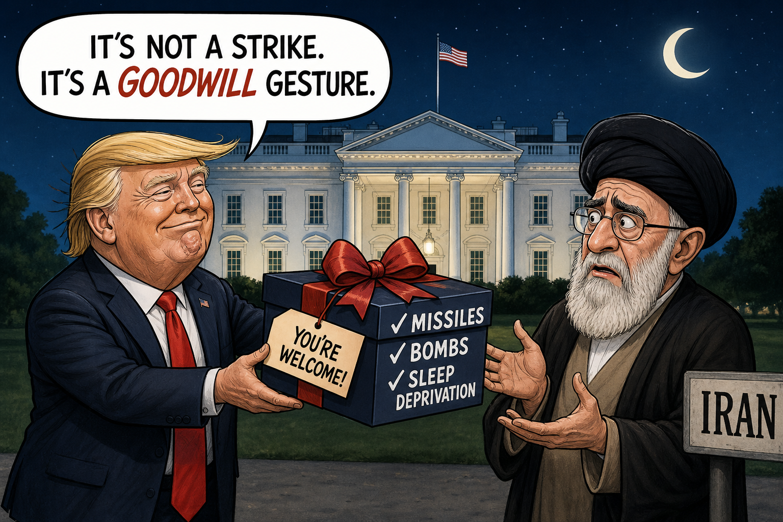 Satirical cartoon for White House Says Midnight Strikes on Iran Were Goodwill Gesture