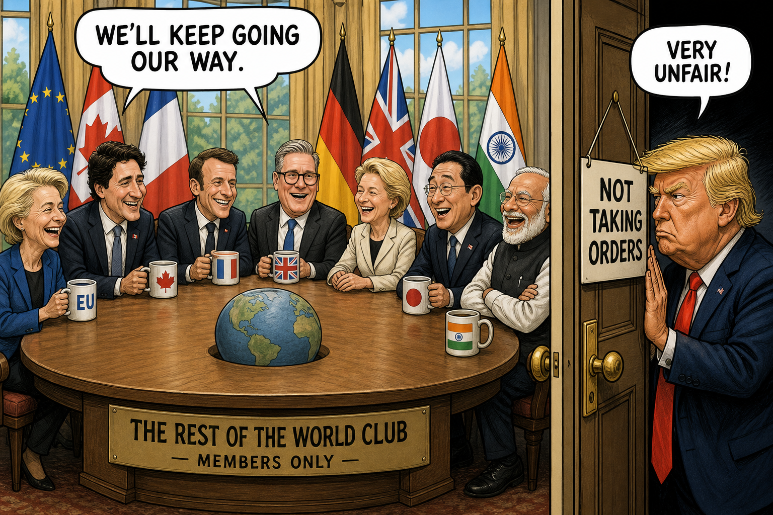 Satirical cartoon for World Leaders Reject Trump’s Demands, Continue Existing Independently