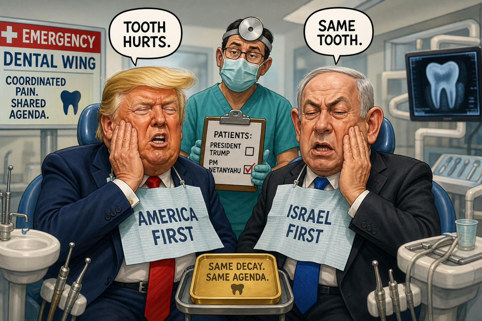 Satirical cartoon for Trump and Netanyahu Rushed to Hospital for Coordinated Dental Emergencies
