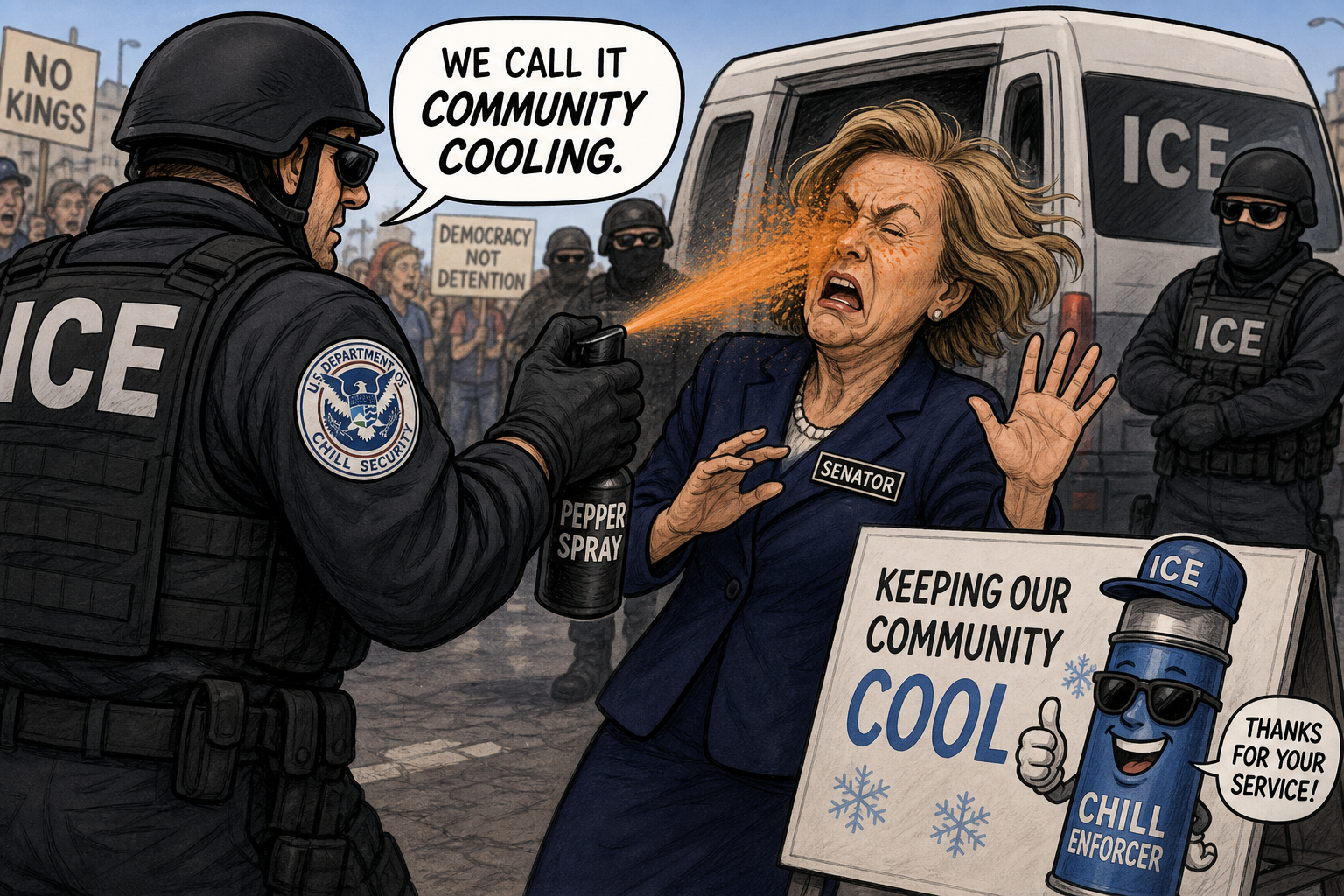 Satirical cartoon for ICE Hails Pepper Spray Use on Senator as 'Community Cooling'