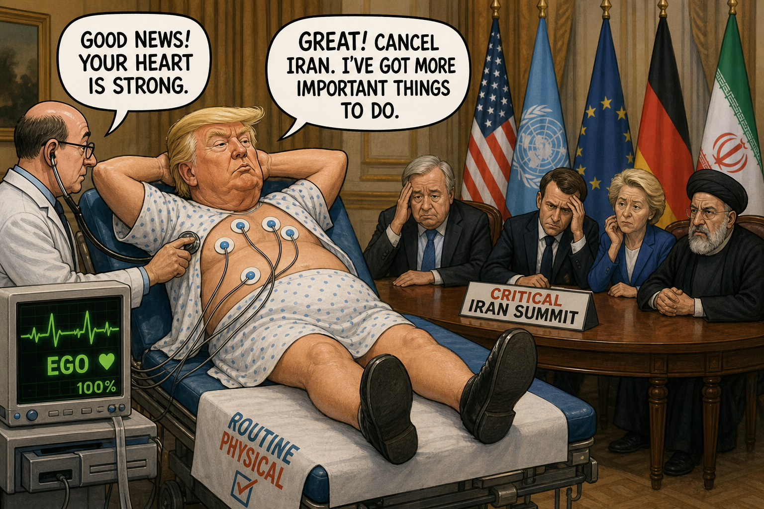 Satirical cartoon for President's 'Routine' Physical Derails Critical Iran Summit