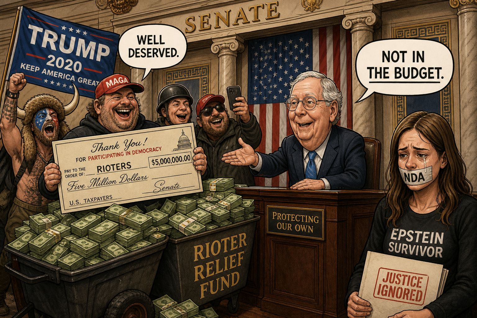 Satirical cartoon for Senate: Rioters Get Millions, Epstein Survivors Get Silence