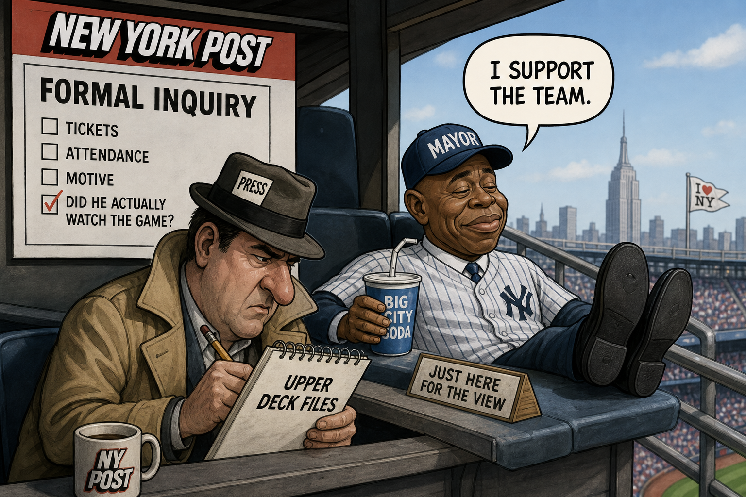 Satirical cartoon for NY Post Opens Formal Inquiry Into Mayor’s Upper-Deck Attendance