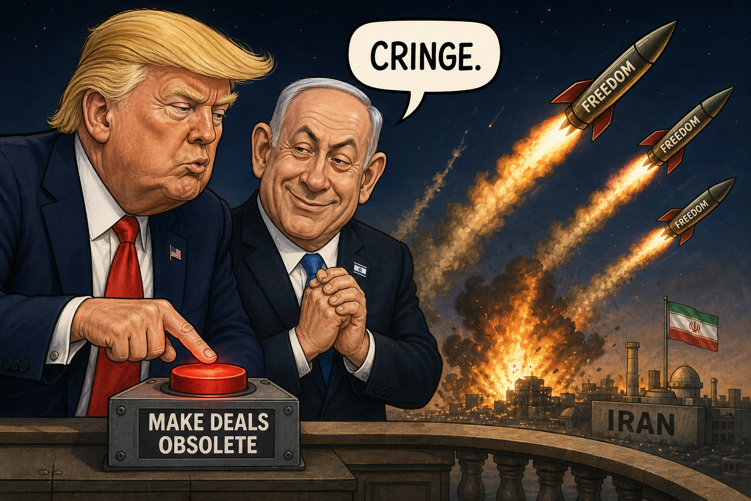 Satirical cartoon for Trump Launches Strike on Iran After Netanyahu Deems Deal 'Cringe'