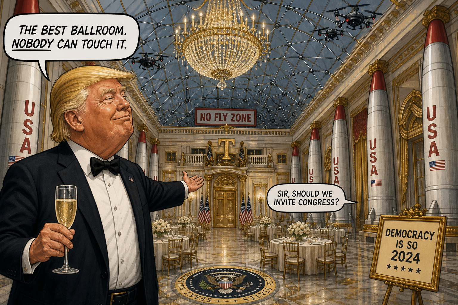 Satirical cartoon for DOJ Filing: White House Has Drone-Proof Ballroom, Missile Columns