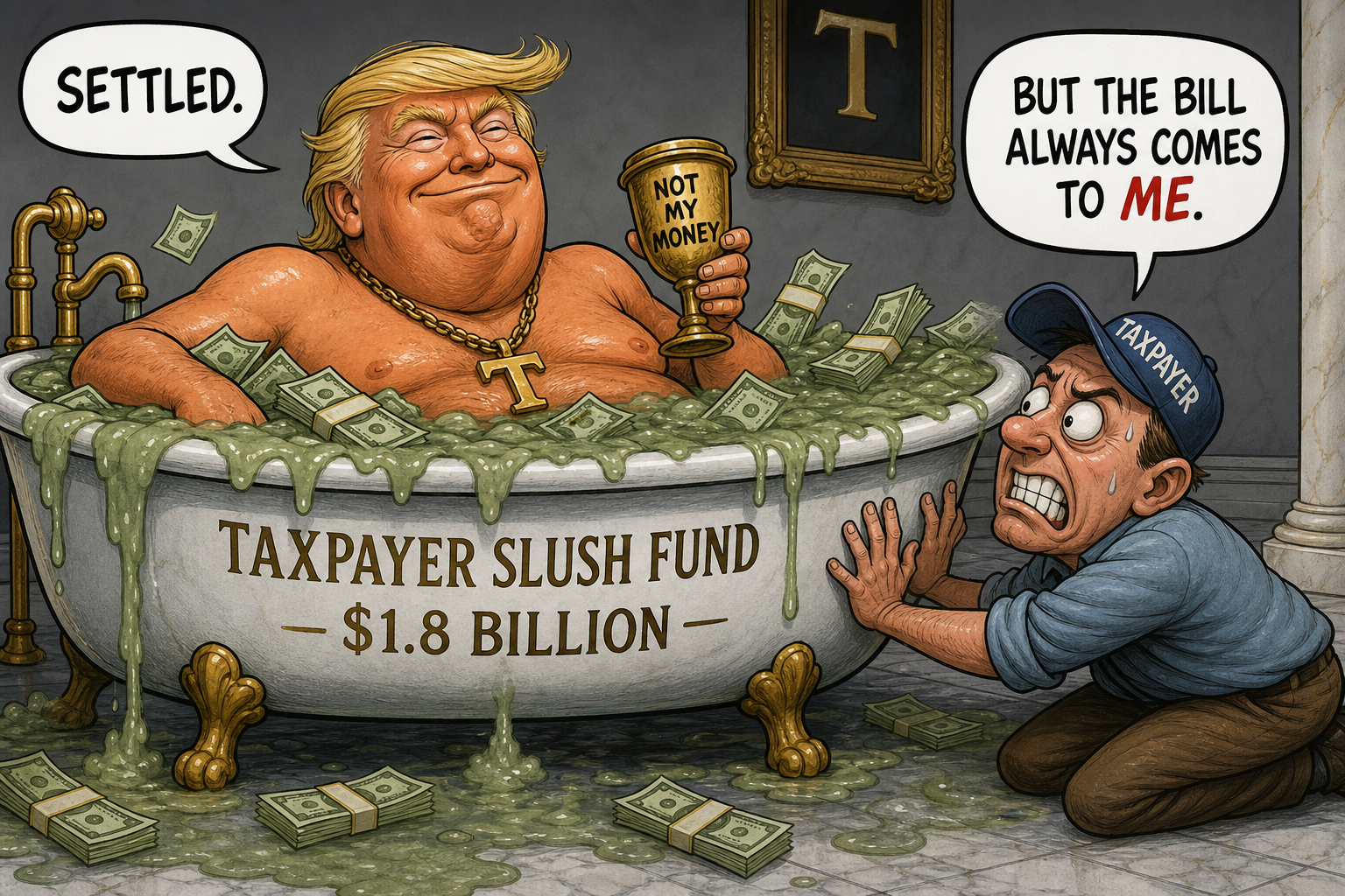 Satirical cartoon for Trump Settlement Creates $1.8 Billion Taxpayer Slush Fund