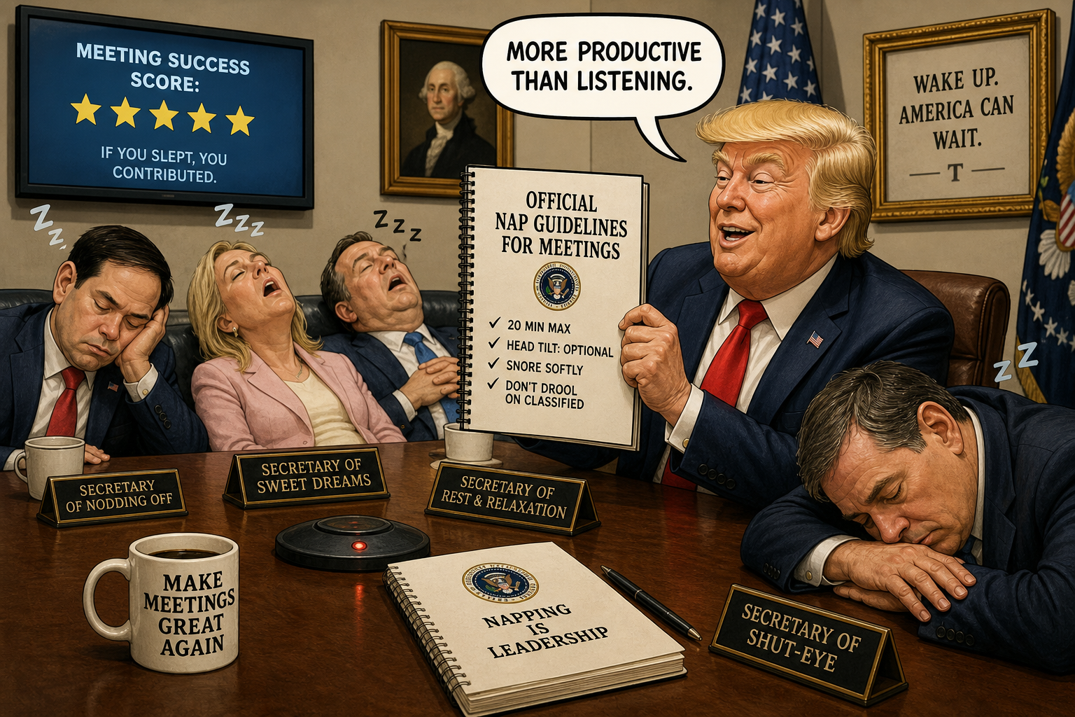 Satirical cartoon for Trump Administration Releases Official Nap Guidelines for Meetings