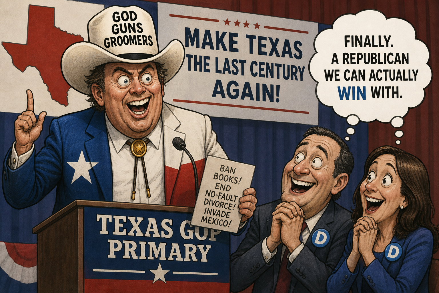 Satirical cartoon for Texas GOP Primary Produces Candidate Democrats Could Only Dream Of
